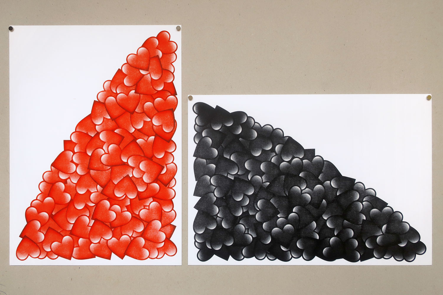 Claude Closky, ‘Bloody and Burnt Hearts,’ 2023, Berlin: Miss Read. Risography and offset print on paper, diptych, each 42 x 29,7 cm or 29,7 x 42 cm. 